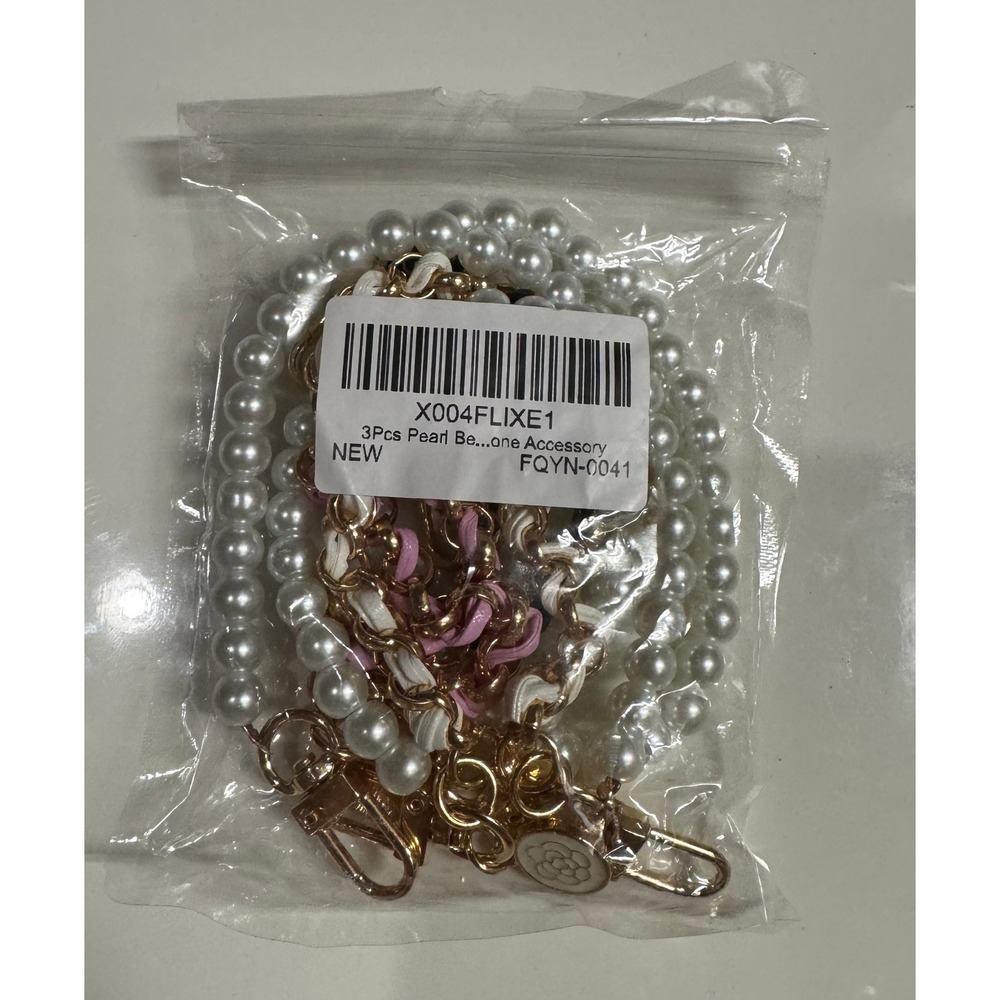 3Pcs Faux Pearl Chain Phone Wrist Strap Camellia Charm Keychain Gold Tone Pink